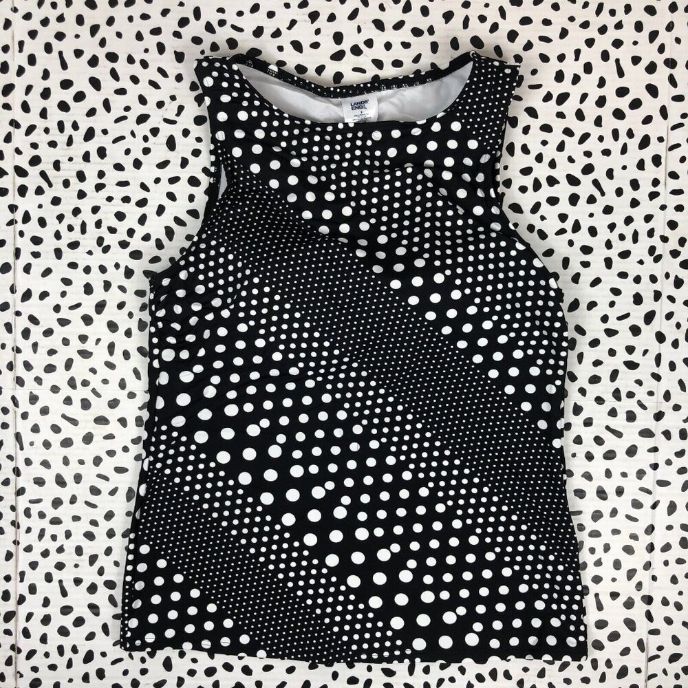 Lands End Black Diagonal Polka Dot High Neck Tankini SWIM TOP Rg. 18 513786